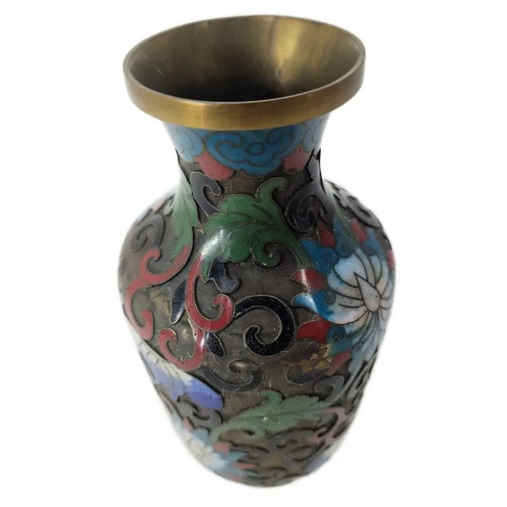 Vintage Chinese Cloisonné Miniature Vase Floral Enamel Bronze Art Small